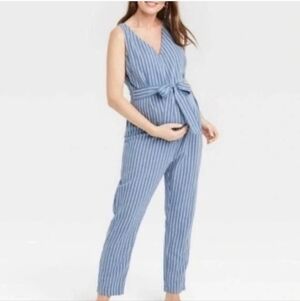 The Nines by HATCH V-Neck Blue Striped Jumpsuit